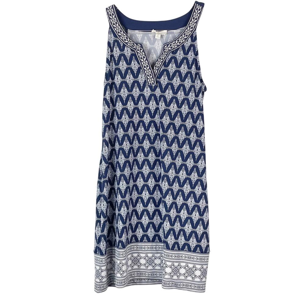 Magnolia Grace Women's Alhambra Embroidered Trim Blue White Sleeveless Dress L